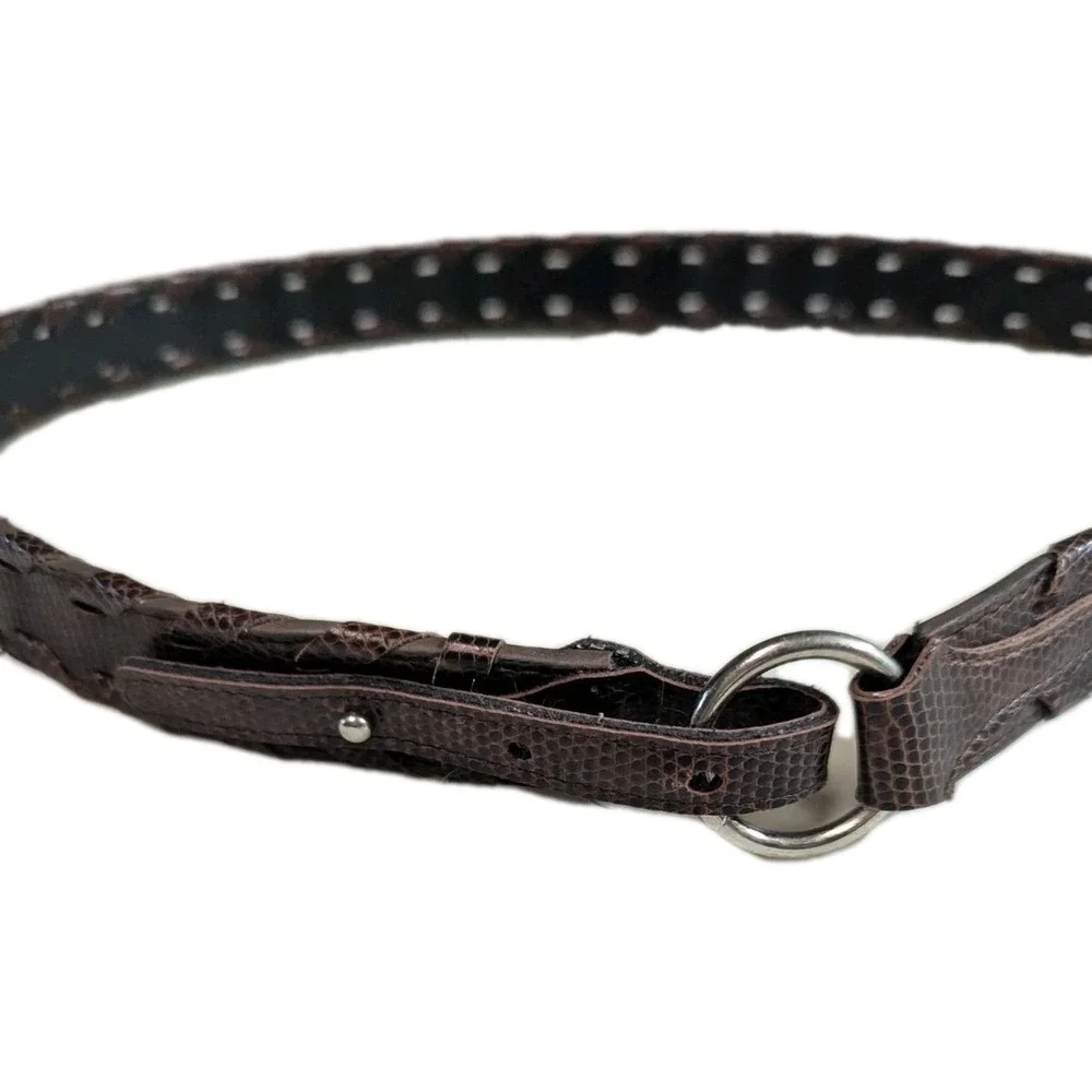 Vintage 90s Brown Lizard Embossed Braided Belt Silver O-Ring Buckle Reptile